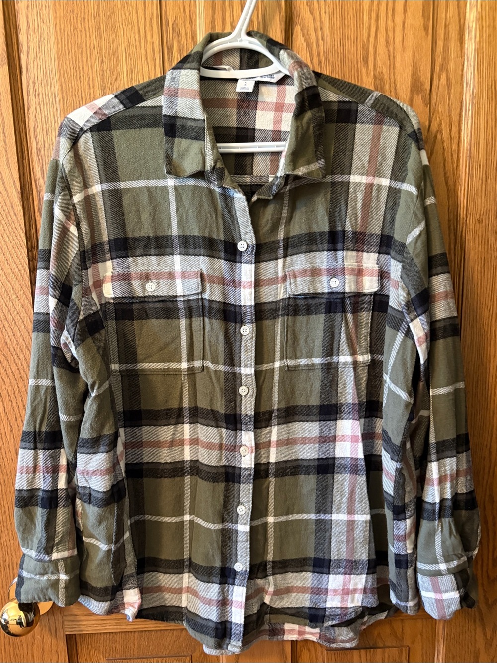 Old Navy Women’s Olive Plaid flannel button-up - boyfriend fit